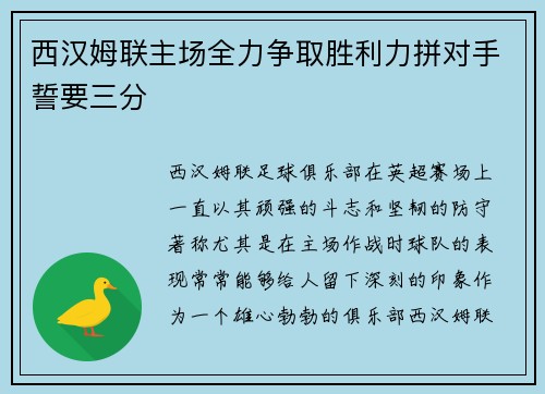 西汉姆联主场全力争取胜利力拼对手誓要三分