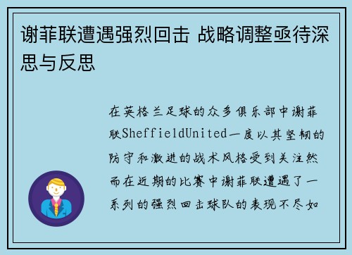 谢菲联遭遇强烈回击 战略调整亟待深思与反思